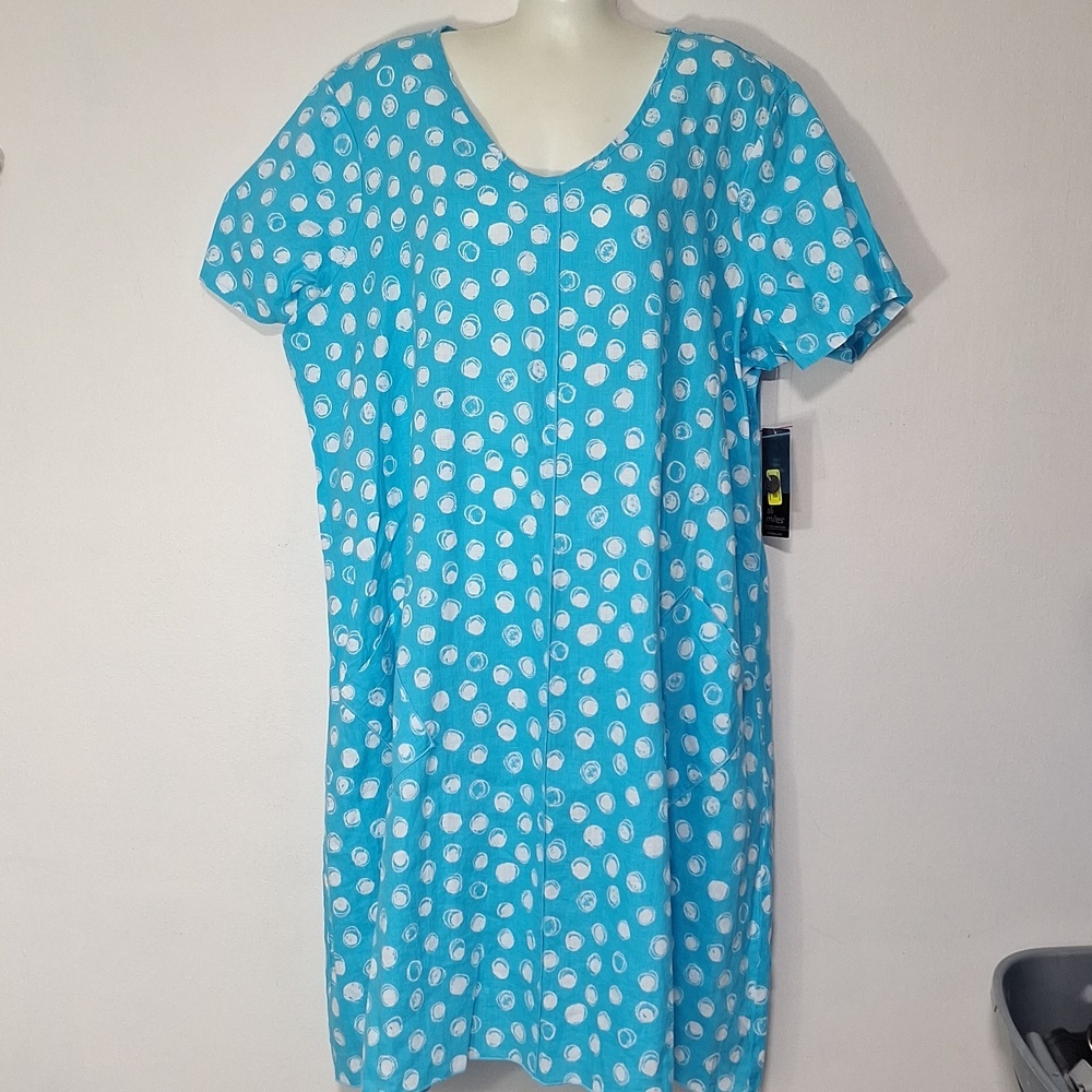 Ali Miles Linen Dress Blue and White Polka Dot Midi Dress